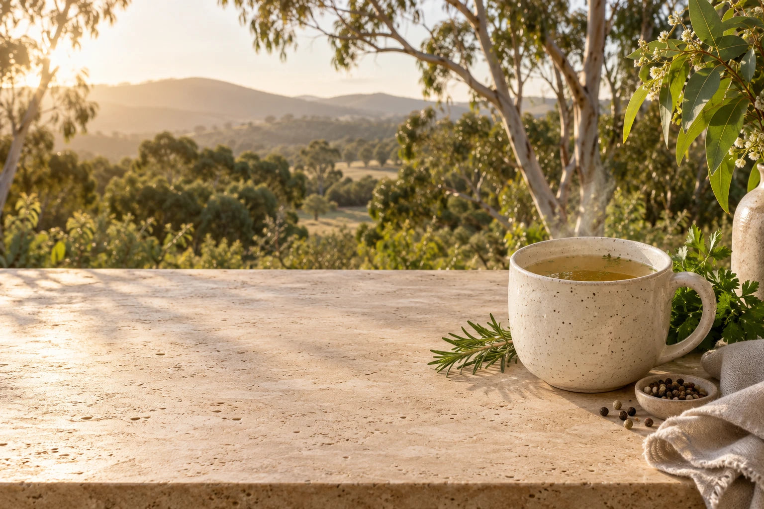 Golden broth in a ceramic mug, herbs and warm Australian afternoon light