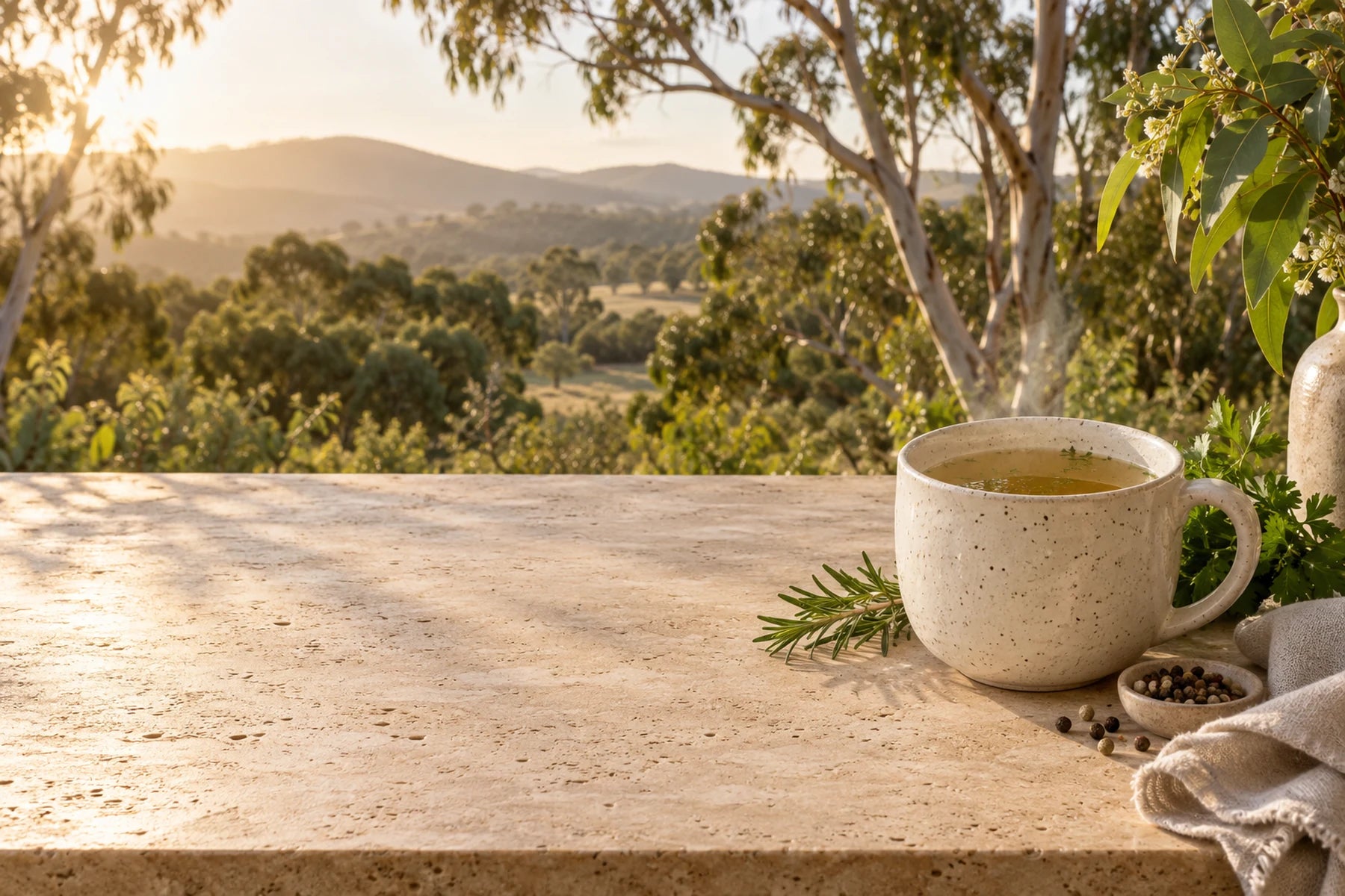 Warm Australian bone broth in a country kitchen